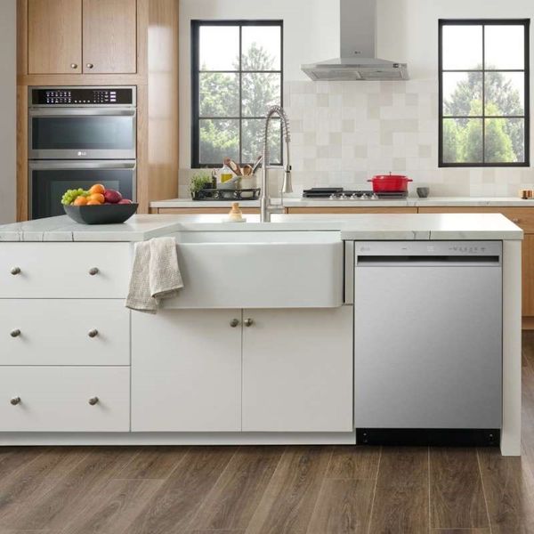 LG dishwasher and appliances in kitchen with apron style sink